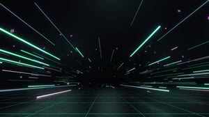 A dark, digital grid with multi-colored streaks of light jetting past at the speed of light