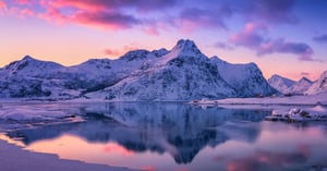 The sun sets over a calming winter landscape with snow-covered mountains reflecting into the icy water in the foreground, sprinkled with violet-pink clouds in Lofoten Islands, Northern Norway
